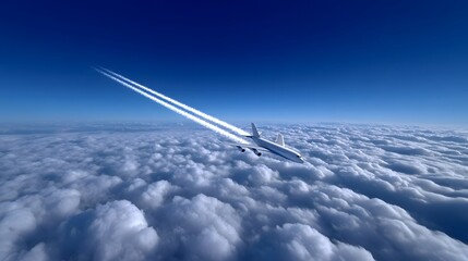 An aircraft flies swiftly through the clear blue sky, leaving a wispy contrail in its wake as it cruises above the fluffy white clouds below.