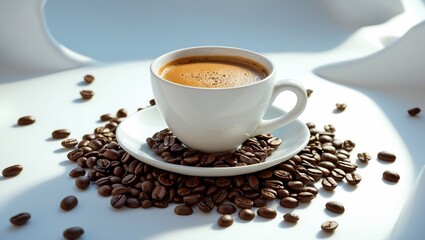 Fototapeta premium A cup of coffee on a saucer surrounded by coffee beans, set on a white surface with a bright background.