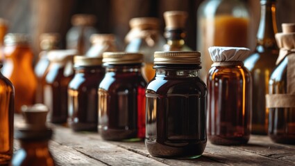 Collection of glass jars and bottles with cork stoppers on a rustic wooden surface. Storage containers for liquids and spices. Vintage and artisanal packaging.