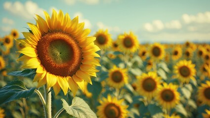 Fototapeta premium Sunflower in bloom in a vast sunflower field under a partly cloudy sky. Bright yellow flowers and green leaves. Nature, agriculture, and summer. The scene of sunflowers thriving in sunlight.