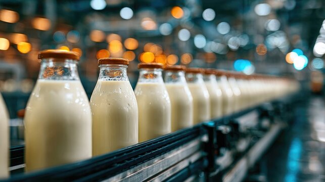 Fresh milk bottles on automated factory line - Powered by Adobe