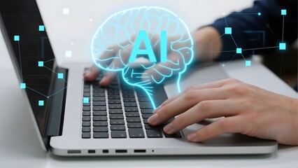 Person typing on a laptop with a glowing AI brain graphic overlay