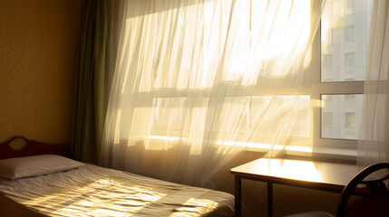 A serene hotel bedroom bathed in morning sunlight, featuring a neatly made bed and sheer curtains.