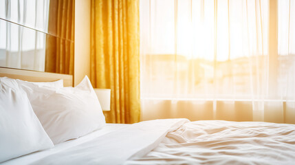 A serene hotel bedroom bathed in morning sunlight, featuring a neatly made bed and sheer curtains.