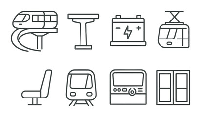 Minimalist black line icons of public transport elements on metallic background