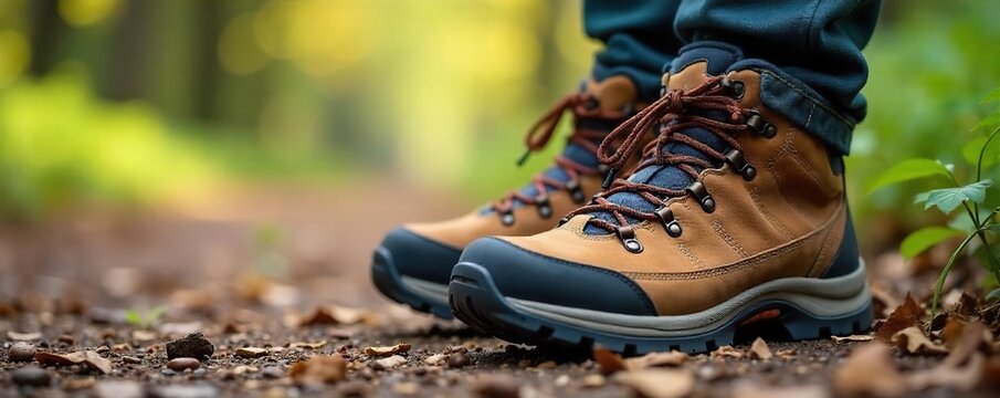 Close-up shot of sturdy hiking boots, laces tied, ready for adventure on a trail Perfect for outdoor gear, travel, and adventure blogs , close-up, mud