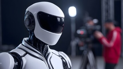 A sleek, white robotic figure stands in a dimly lit, high-tech setting, suggesting advanced technology and innovation.