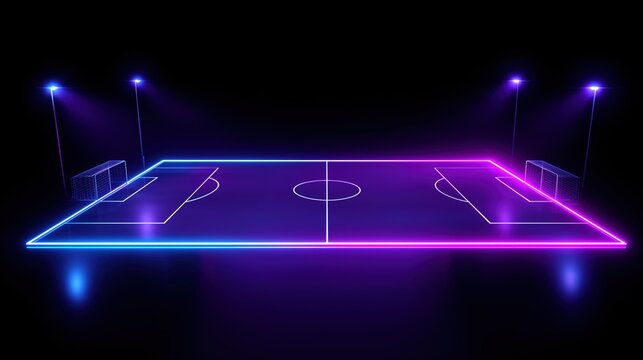 Futuristic glowing neon soccer field 3d render vector illustration with blue purple and pink lighting effects on black background, high resolution digital sports arena design with detailed sharp focus - Powered by Adobe