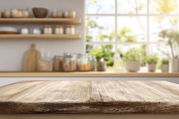 Empty wooden table top with kitchen background
