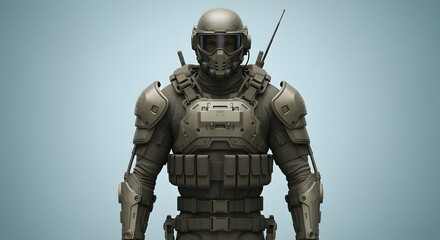 Highly detailed illustration of a futuristic soldier in advanced combat armor with a helmet and tactical gear, ready for action.