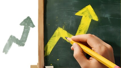Hand drawing a yellow upward arrow on a blackboard, with a green arrow in the background.