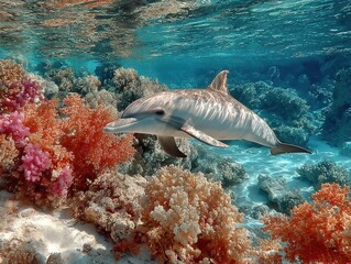 Fototapeta premium Dolphins Playing Among the Corals, Marine Life, Coral Reef, Ocean Ecosystem, Underwater World