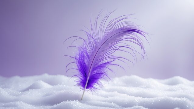 Fototapeta Purple feather resting on snow with a blurred purple background. Nature and winter concept. Delicate and soft textures. The concept of frost and feather.