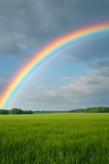 Obraz premium rainbow over green field under cloudy sky