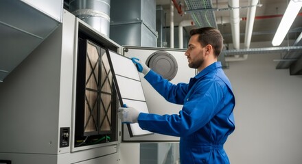 Industrial HVAC technician installing new air filter into ventilation unit. Man replacing dirty element in clean air system. Preventive maintenance concept.