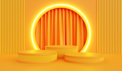 Orange podium, orange background with curtains and neon lights for promoting popular Halloween products. 3D illustration.