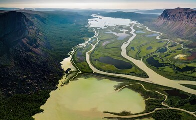 Spectacular drone view over Rapadalen, Sweden, Sarek