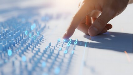 Hand interacting with a digital binary code display, symbolizing data processing and technology.