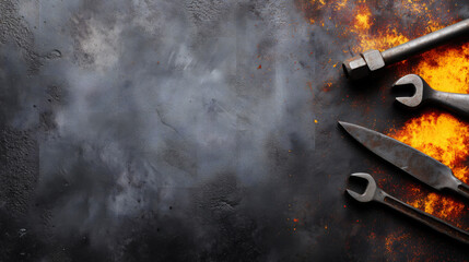Close-up of Metal Tools with Fire and Smoke on Dark Background