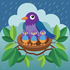 Mother Bird Protecting Baby Birds in Nest During Rainstorm Illustration