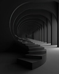 A dark, abstract architectural space features a spiraling staircase, creating an illusion of depth and mystery.