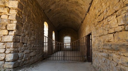 Fototapeta premium Ancient Medieval Stone Corridor with Arched Ceiling