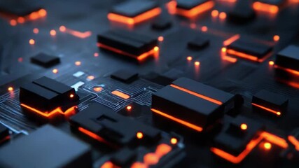 Futuristic circuit board pulsating with orange light and data flow - Powered by Adobe