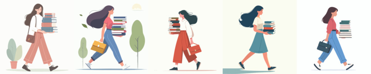 vector of a woman carrying a stack of books