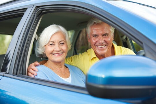 Smiling Senior Couple Driving in a Blue Car - Happy Retirement Lifestyle
