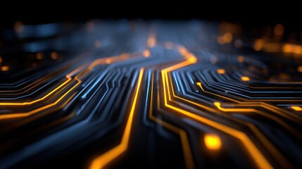 Futuristic Circuit Board with Glowing Orange and Blue Lines in Dark Background