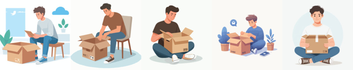vector of a man opening a cardboard box