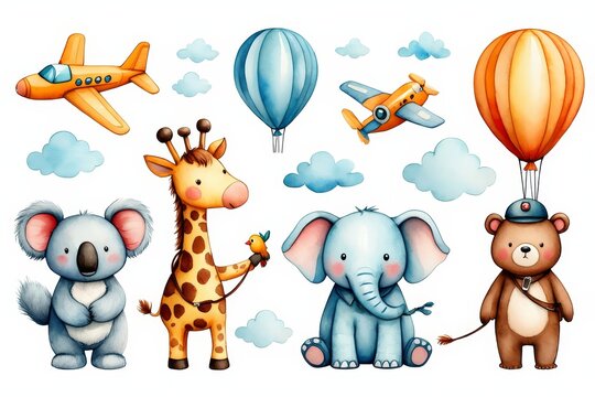 Cute Animals and Hot Air Balloons Watercolor Illustration