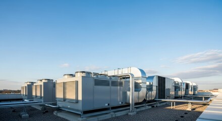 Fototapeta premium Industrial ventilation system and air conditioning units on a building roof. Climate control equipment for recuperation. Heating and cooling technology for modern facility.