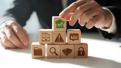 Person stacking wooden blocks with various icons, symbolizing business and security concepts.