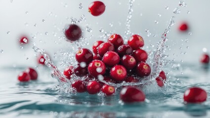 Red berries splashing into water, creating droplets and ripples, freshness, fruit, and aquatic scene.