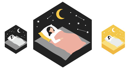 Isometric sleeping woman under night sky with stars and moon