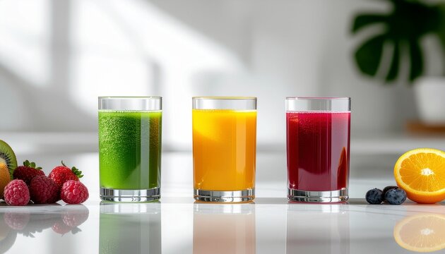 Three Colorful Fruit Smoothies in Glasses, Kitchen Setting - Powered by Adobe