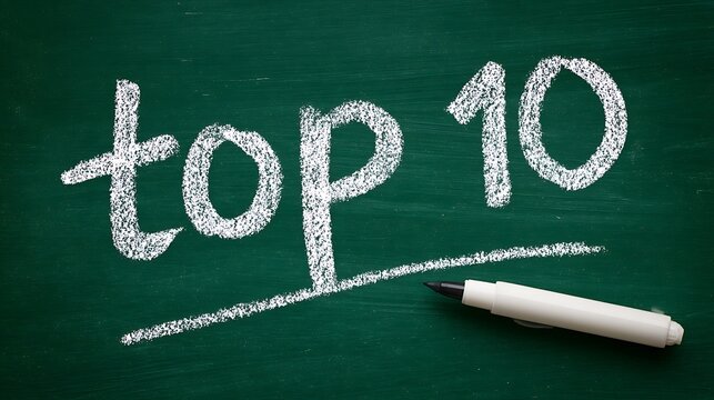 Business success concept shown through white handwritten 'top 10' on green chalkboard background, representing top-ten list, high detail stock photo with professional color grading.
