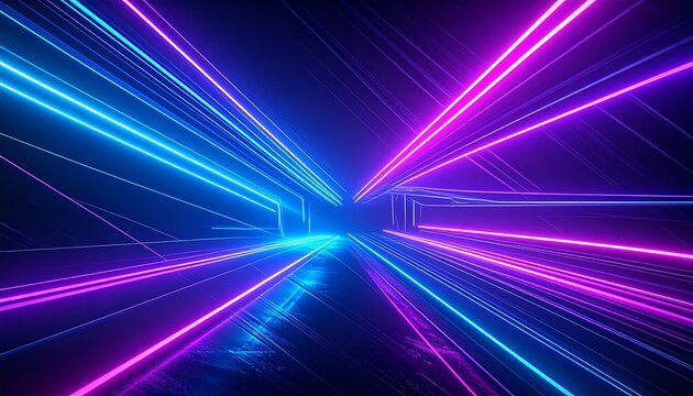 Vibrant blue and pink neon light lines creating a futuristic cyber tunnel.