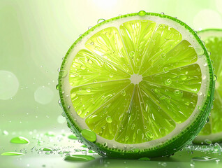  Angled 3D Perspective of Juicy Lime Wheel with Water Droplets, Isolated PNG