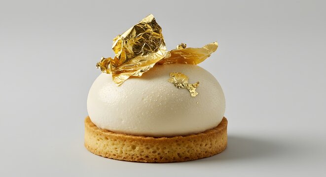 Gourmet White Mousse Dome Dessert with Edible Gold Leaf Decoration