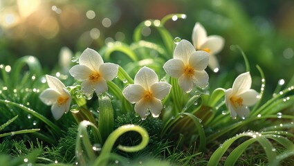 Fototapeta premium White flowers blooming in a lush green garden with dew drops and sunlight, showcasing nature's beauty and freshness.
