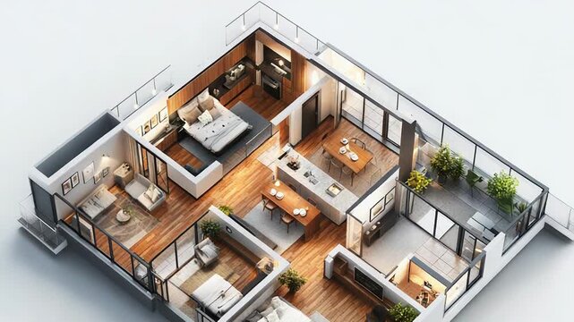 Modern apartment floor plan showing stylish interior design and open living spaces