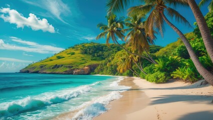 Tropical beach with palm trees, green hill, and blue sky on the ocean shoreline.