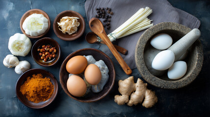 Asian cuisine ingredients beautifully arranged on a rustic stone surface with fresh herbs and spices.