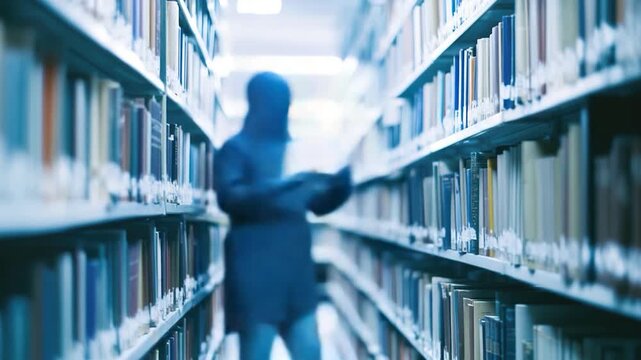 A person sitting at a table in a quiet library environment, surrounded by books and study materials