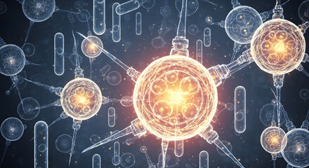 Abstract glowing representation of a neural network or biological cells interconnected, symbolizing AI, machine learning, or complex biological systems.