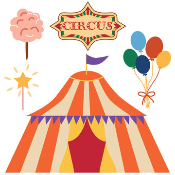 Circus chapito set. Vector characters of strongman, clown, juggler and magician. Cute elephant, lion, horse, zebra, seal and bear on circus stage