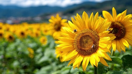 Obraz premium Sunflower Field with Bees, Green Foliage, and Mountain Background