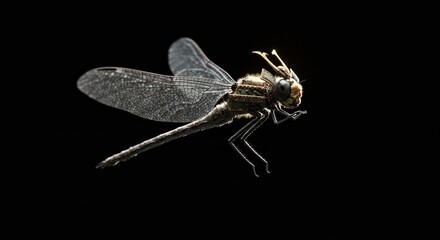 Close-up dragonfly, wings spread, dark background